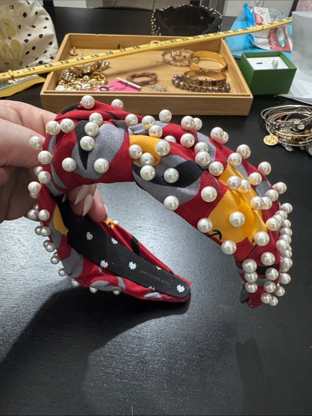 Lele Sadoughi Pearl-Embellished Red Multicolor Knotted Headband